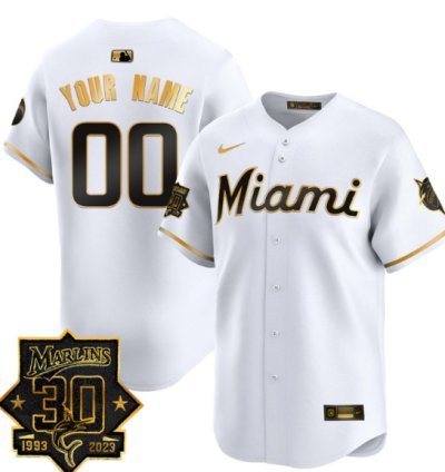 Custom Miami Marlins Jersey 30 Seasons Anniversary Patch Vapor Premier Limited Stitched White Gold