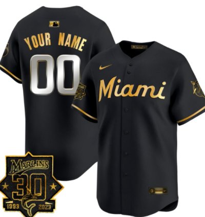 Custom Miami Marlins Jersey 30 Seasons Anniversary Patch Vapor Premier Limited Stitched Black Gold