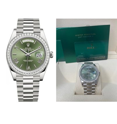 Rolex Day-date 40 White Gold Day-date 40 Olive Green Bevelled Roman Dial - President Bracelet