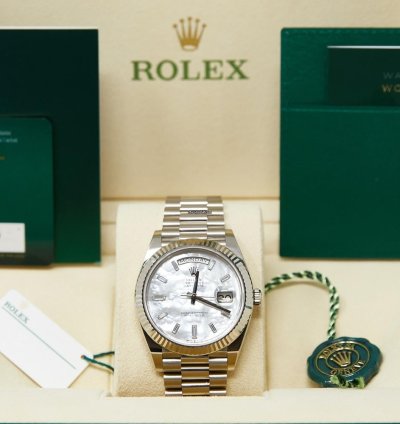 Rolex Day-date 40 White Gold Mop Diamond Dial On Presidential Complete Set Unworn 2024