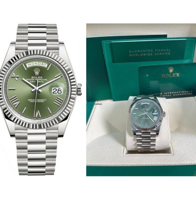 Rolex Day-date 40 White Gold Olive Green Roman Dial Fluted