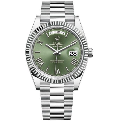 Rolex Day-date 40 White Gold Olive Green Roman Dial Fluted 228236 Platinum Bracelet