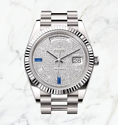 Rolex Day-date 40 White Gold Pave Baguette Dial 228239 new Unworn