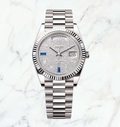 Rolex Day-date 40 White Gold Pave Baguette Dial 228239 new Unworn