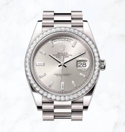 Rolex Day-date 40 White Gold Silver Baguette Dial 228349rbr new Unworn