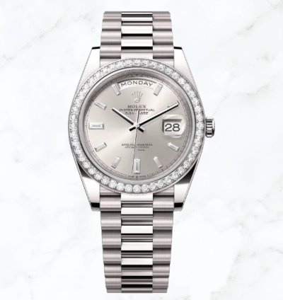 Rolex Day-date 40 White Gold Silver Baguette Dial 228349rbr new Unworn