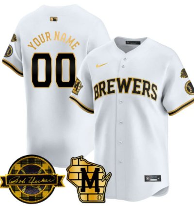 Custom Milwaukee Brewers Jersey Name Number 2025 Limited Bob Uecker Patch Stitched White Gold