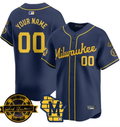Custom Milwaukee Brewers Jersey Name Number 2025 Limited Bob Uecker Patch Stitched Navy