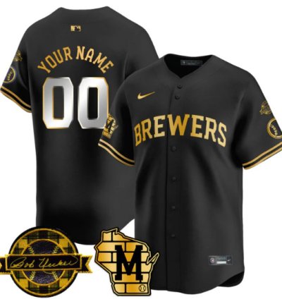 Custom Milwaukee Brewers Jersey Name Number 2025 Limited Bob Uecker Patch Stitched Black Gold