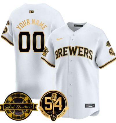 Custom Milwaukee Brewers Jersey 2025 Bob Uecker 54 Seasons For Brewers Stitched White Gold