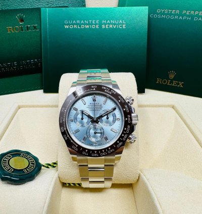 Rolex Daytona Platinum Ice Blue Baguette Diamond Dial Complete Set Unworn 2023