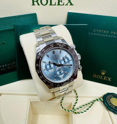 Rolex Daytona Platinum Ice Blue Baguette Diamond Dial Complete Set Unworn 2023