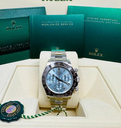 Rolex Daytona Platinum Ice Blue Baguette Diamond Dial Complete Set Unworn 2023