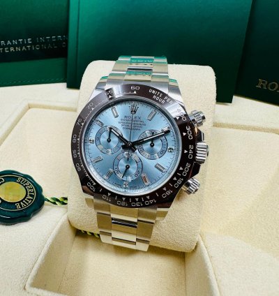 Rolex Daytona Platinum Ice Blue Baguette Diamond Dial Complete Set Unworn 2023