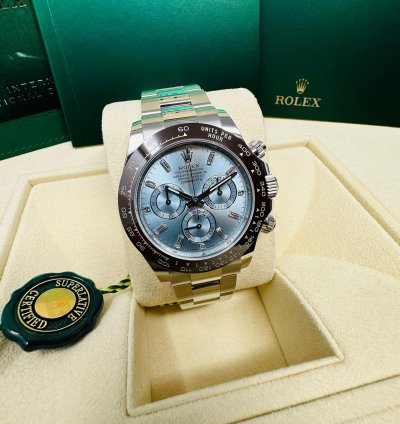 Rolex Daytona Platinum Ice Blue Baguette Diamond Dial Complete Set Unworn 2023