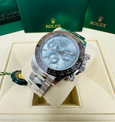 Rolex Daytona Platinum Ice Blue Baguette Diamond Dial Complete Set Unworn 2023