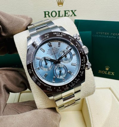 Rolex Daytona Platinum Ice Blue Baguette Diamond Dial Complete Set Unworn 2023