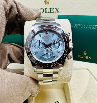 Rolex Daytona Platinum Ice Blue Baguette Diamond Dial Complete Set Unworn 2023