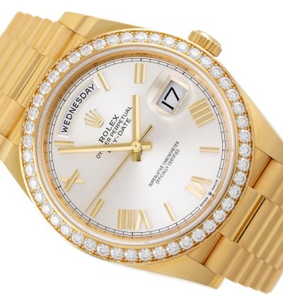 Rolex Day-date 40 Yellow Gold 18k Diamond Bezel Silver Roman Dial Ref 228348rbr Full Set Unworn
