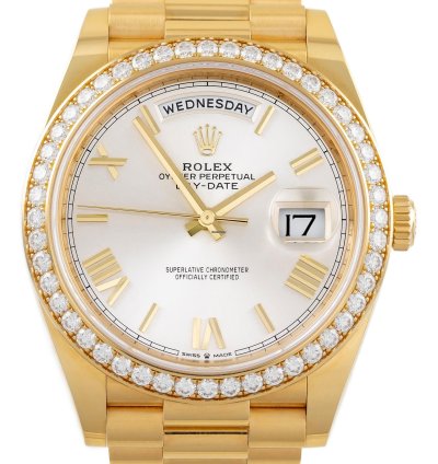 Rolex Day-date 40 Yellow Gold 18k Diamond Bezel Silver Roman Dial Ref 228348rbr Full Set Unworn