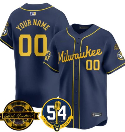 Custom Milwaukee Brewers Jersey 2025 Bob Uecker 54 Seasons For Brewers Stitched Navy