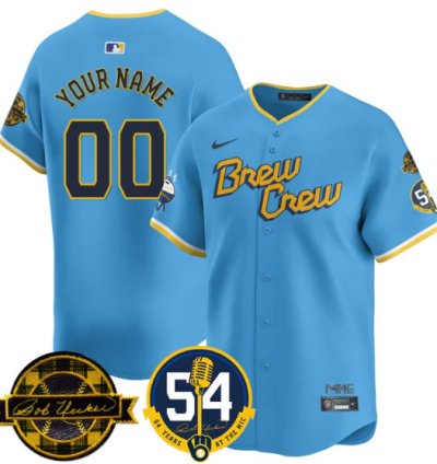 Custom Milwaukee Brewers Jersey 2025 Bob Uecker 54 Seasons For Brewers Stitched City Connect