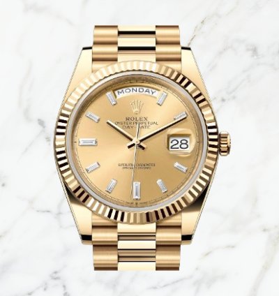 Rolex Day-date 40 Yellow Gold Champagne Baguette Dial 228238 new Unworn