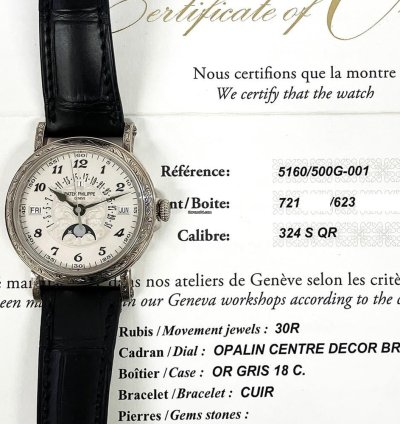 Patek Philippe Perpetual Calendar 5160 500g-001 38mm White Gold With Black Leather Watch 2018