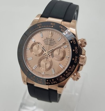 Rolex Daytona Rare Unworn Daytona 18k Rose Gold Diamond Baguette Sundust Dial Oyster Flex Watch Ps