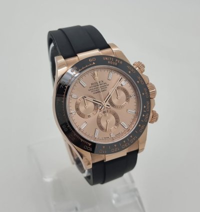 Rolex Daytona Rare Unworn Daytona 18k Rose Gold Diamond Baguette Sundust Dial Oyster Flex Watch Ps