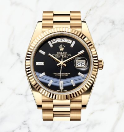 Rolex Day-date 40 Yellow Gold Onyx Baguette Dial 228238 new Unworn