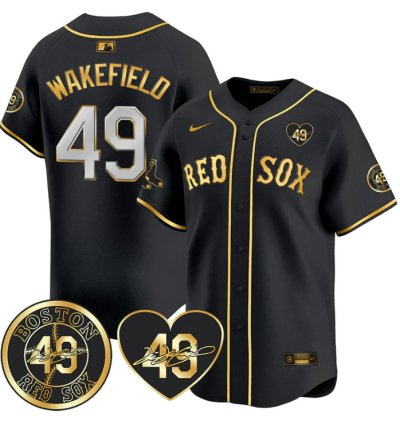 Tim Wakefield Jersey 49 Boston Red Sox Tim Wakefield Memorial Patch Stitched Black Gold
