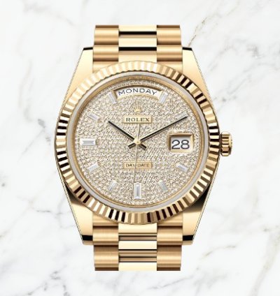Rolex Day-date 40 Yellow Gold Pave Baguette Dial 228238 new Unworn