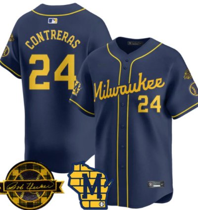 William Contreras Jersey 24 Milwaukee Brewers 2025 Limited Bob Uecker Patch Stitched Navy