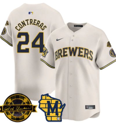 William Contreras Jersey 24 Milwaukee Brewers 2025 Limited Bob Uecker Patch Stitched Cream