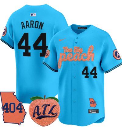 Hank Aaron Jersey 44 Atlanta Braves 404 The Big Peach Premier Limited Stitched Light Blue