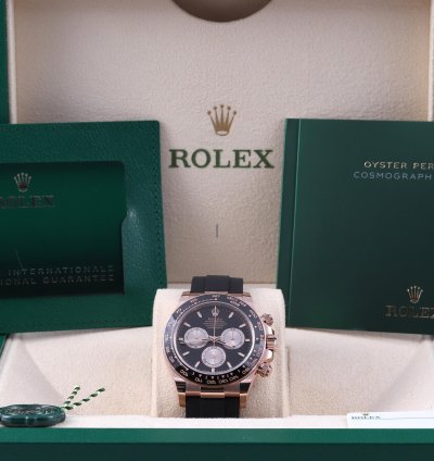Rolex Daytona Rose Gold Black Sundust Dial Ceramic Everose Oysterflex Box Card 126515ln