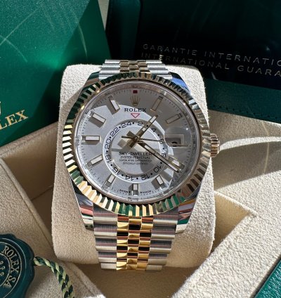 Rolex Sky-dweller New 2023 White Dial Two Tone Yellow Gold Jubilee Bracelet Fluted Bezel
