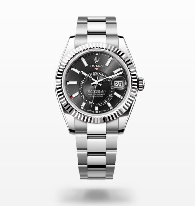 Rolex Sky-dweller New 2024 Black Dial Oyster Bracelet - White Gold Fluted Bezel 42mm Stainless