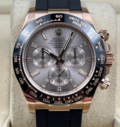 Rolex Daytona Rose Gold Oysterflex Pink Sundust Baguette Dial 116515ln Unworn 2023
