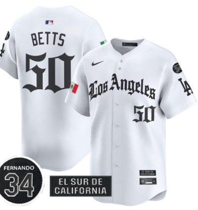 Mookie Betts Jersey 50 Dodgers Mexico 2025 La Gothic Style Patch Premier Limited Stitched White