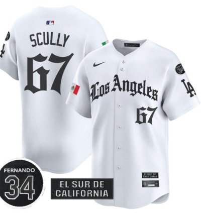 Vin Scully Jersey 67 Dodgers Mexico 2025 La Gothic Style Patch Premier Limited Stitched White