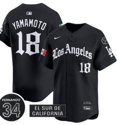 Yamamoto Jersey 18 Dodgers Mexico 2025 La Gothic Style Patch Vapor Premier Limited Stitched Black