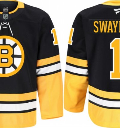 Mens Boston Bruins 1 Jeremy Swayman Black 100th Anniversary Stitched Hockey