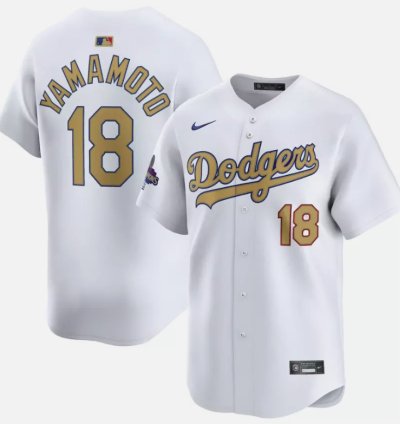 Yoshinobu Yamamoto Jersey 18 Dodgers White 2025 Gold Collection Limited