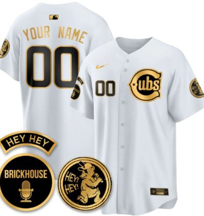 Custom Chicago Cubs Jersey Jack Brickhouse Hey Hey Patch Limited Stitched White Gold