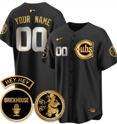 Custom Chicago Cubs Jersey Jack Brickhouse Hey Hey Patch Limited Stitched Black Gold