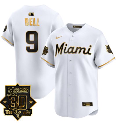Josh Bell Jersey 9 Miami Marlins 30 Seasons Anniversary Patch Limited Stitched White Gold