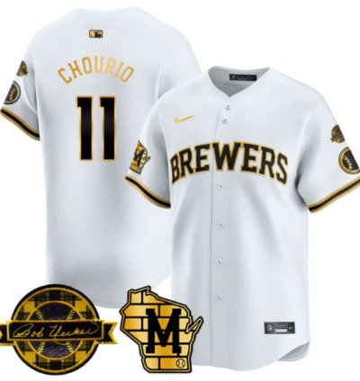 Jackson Chourio Jersey 11 Milwaukee Brewers 2025 Limited Bob Uecker Patch Stitched White Gold