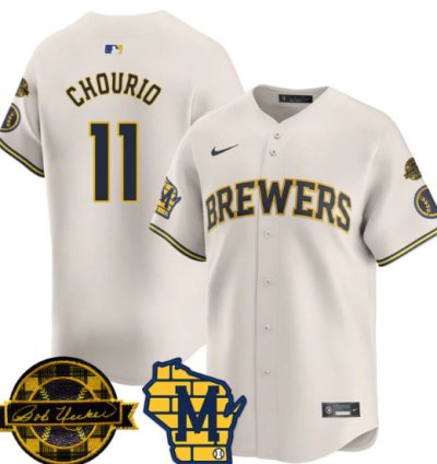Jackson Chourio Jersey 11 Milwaukee Brewers 2025 Limited Bob Uecker Patch Stitched Cream